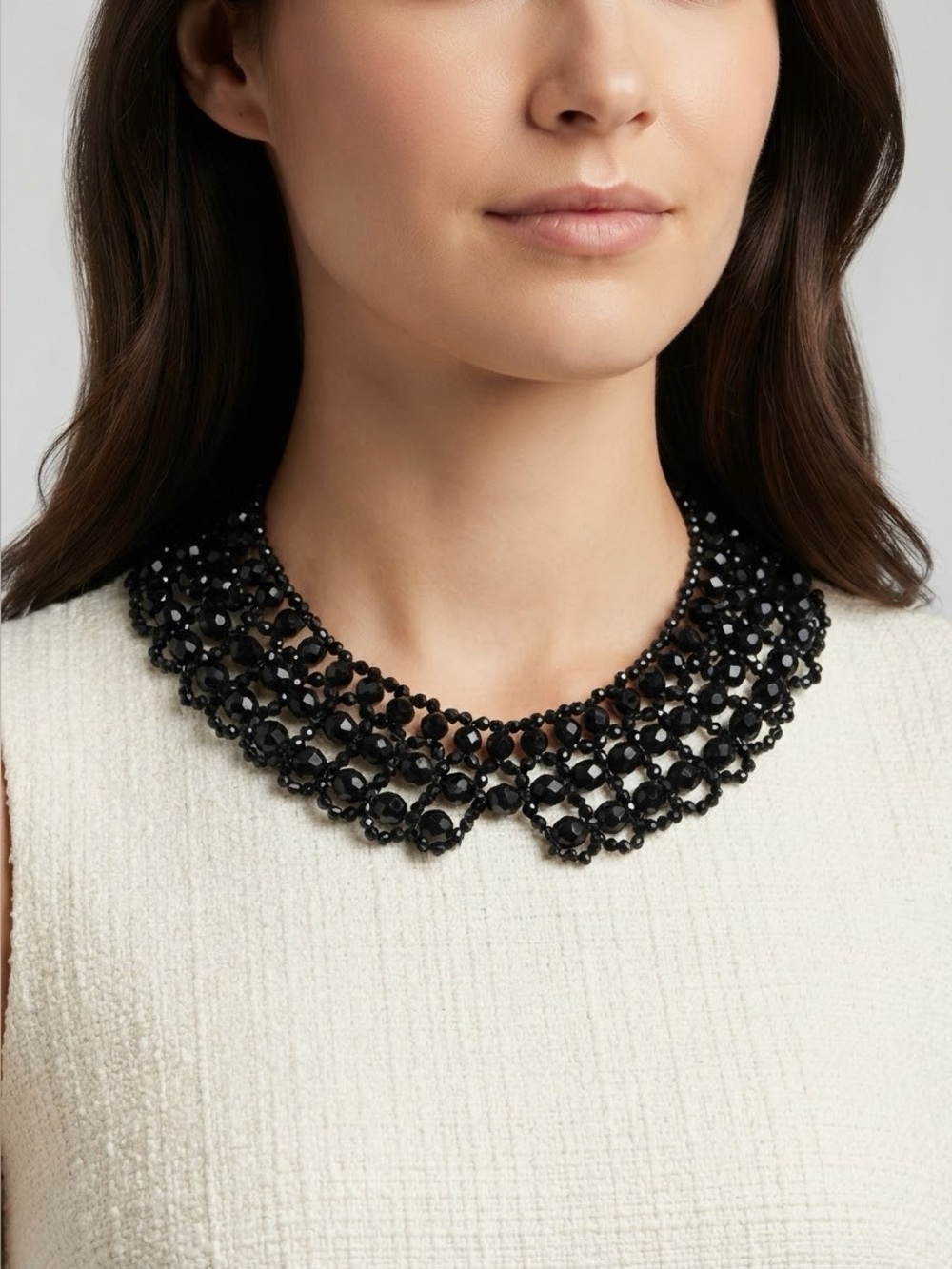 Vintage Black Beaded Collar Necklace | Peter Pan Bib Jet Black Necklace